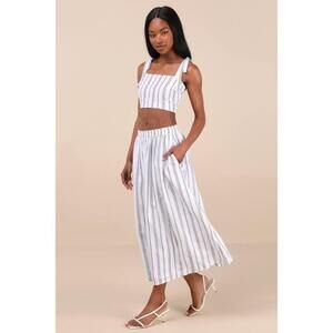 Lulus Cheerful Season Ivory Striped Two-piece Midi Dress With Pockets White